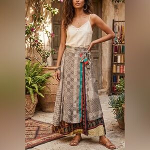 Recycled Silk Blend Long Maxi Wrap Skirt Free Size Floral Gold Gypsy Boho